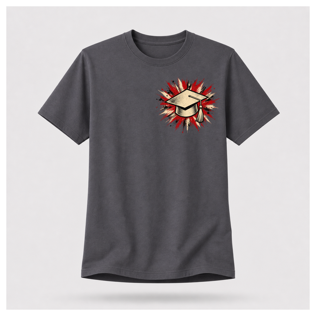 Charcoal grey male floating-form T-shirt featuring the Teacher — Calm in the Chaos front graphic of a graduation cap against a distressed red, cream and black burst.
