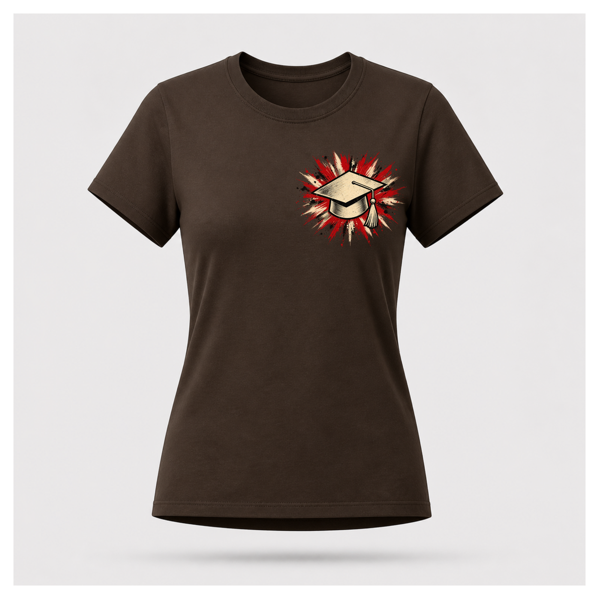Chocolate brown female floating-form T-shirt featuring the Teacher — Calm in the Chaos front graphic of a graduation cap against a distressed red, cream and black burst.