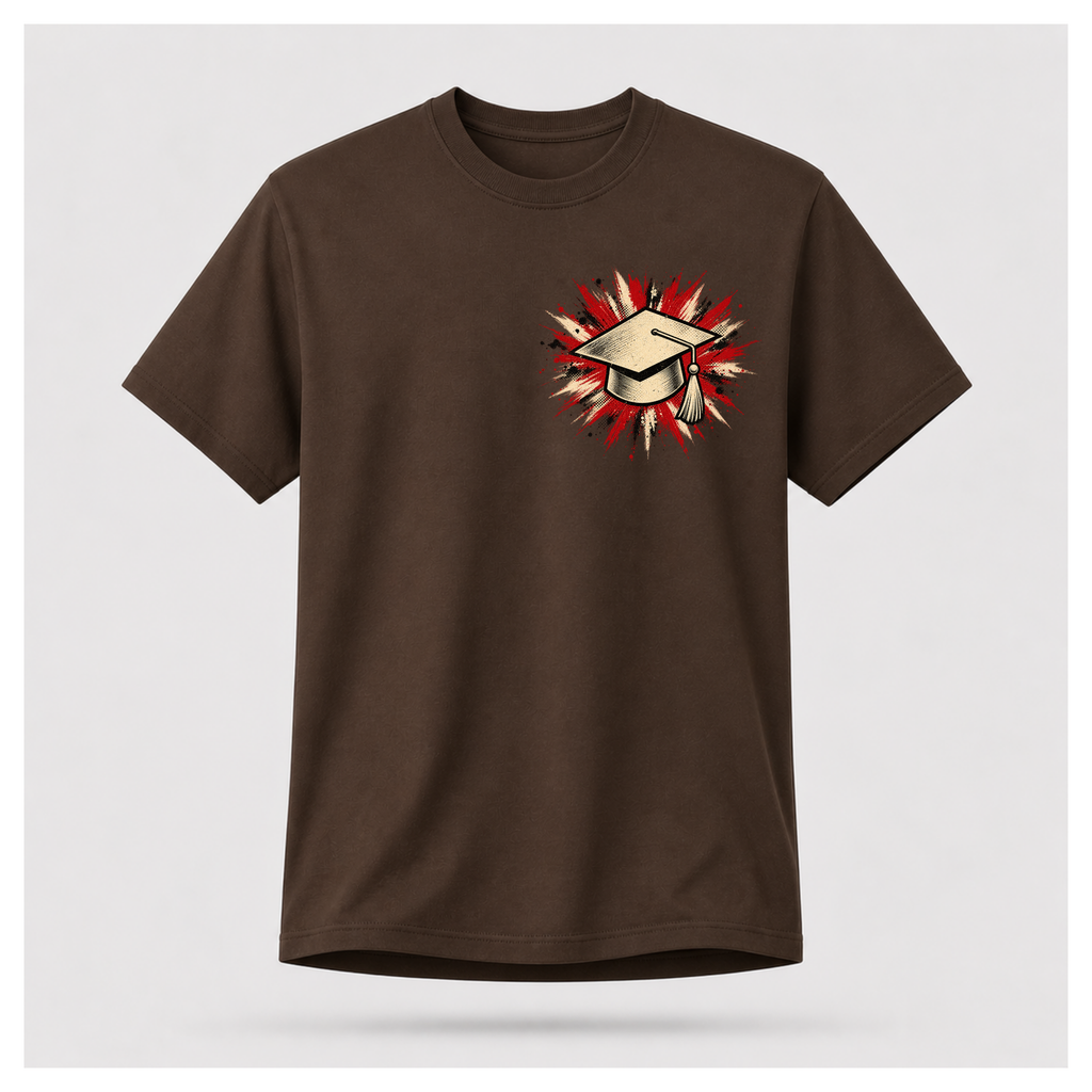 Chocolate brown male floating-form T-shirt featuring the Teacher — Calm in the Chaos front graphic of a graduation cap against a distressed red, cream and black burst.