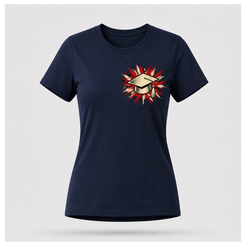 Navy blue female floating-form T-shirt featuring the Teacher — Calm in the Chaos front graphic of a graduation cap against a distressed red, cream and black burst.