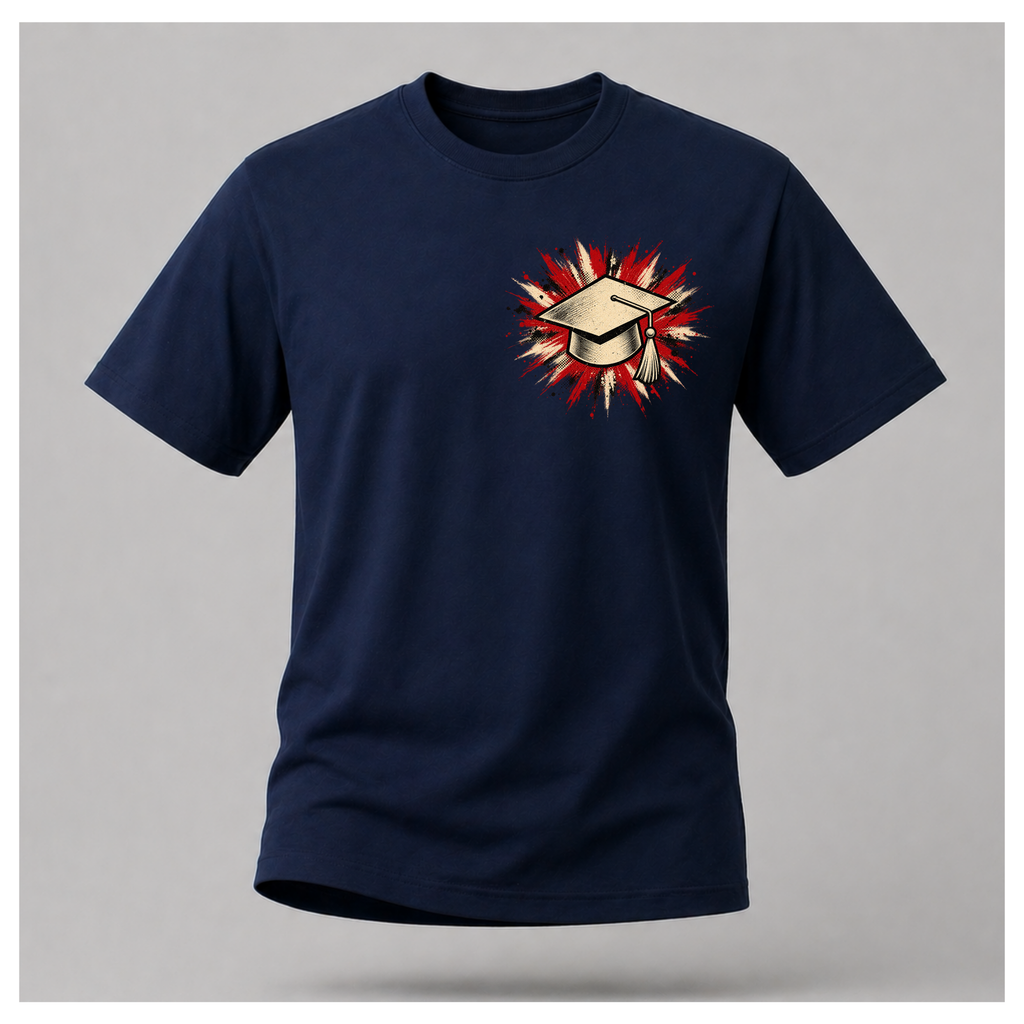 Navy blue male floating-form T-shirt featuring the Teacher — Calm in the Chaos front graphic of a graduation cap against a distressed red, cream and black burst.