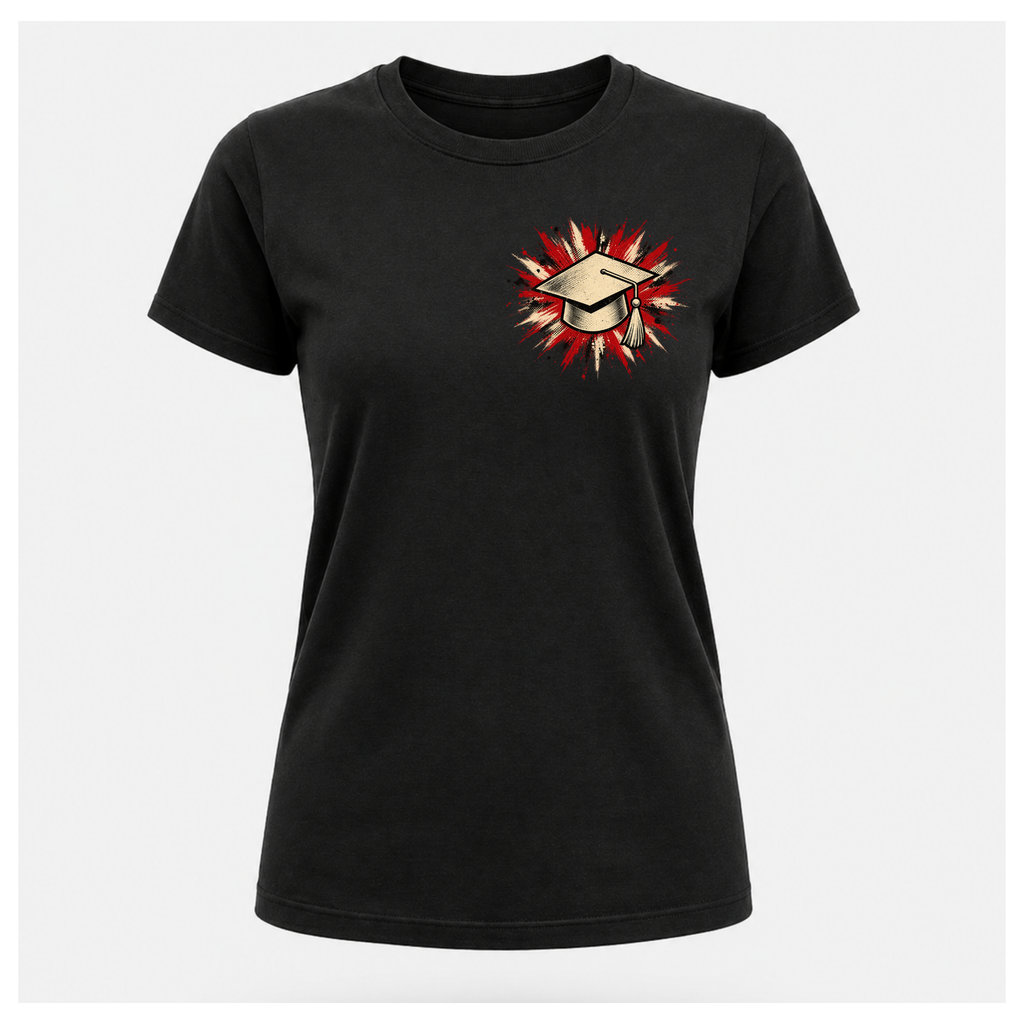 Black female floating-form T-shirt featuring the Teacher — Calm in the Chaos front graphic of a graduation cap against a distressed red, cream and black burst.