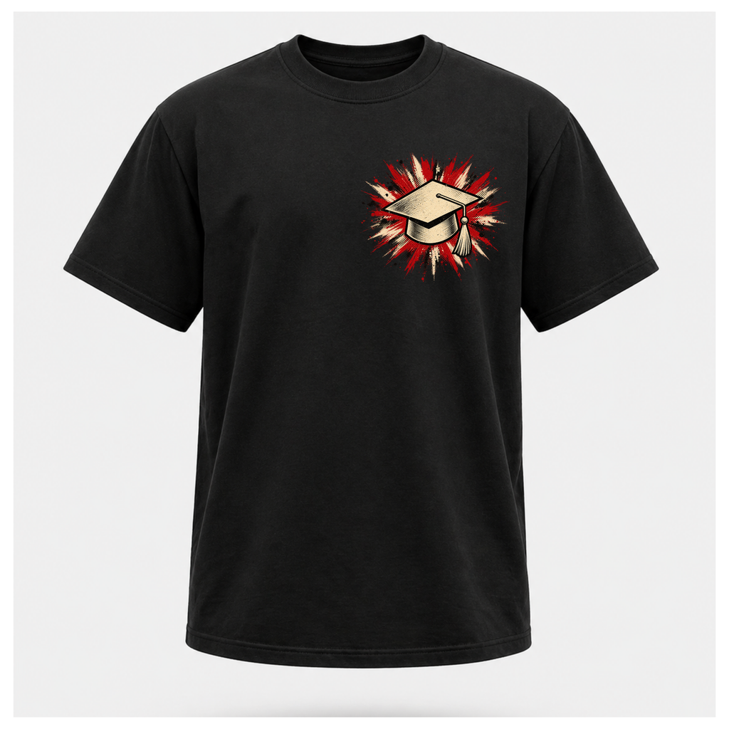 Black male floating-form T-shirt featuring the Teacher — Calm in the Chaos front graphic of a graduation cap against a distressed red, cream and black burst.