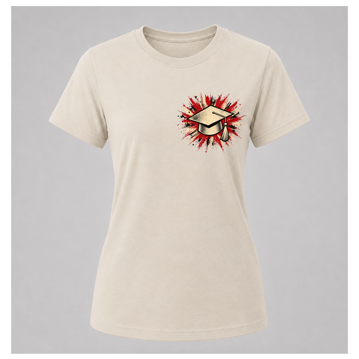 Sand female floating-form T-shirt featuring the Teacher — Calm in the Chaos front graphic of a graduation cap against a distressed red, cream and black burst.