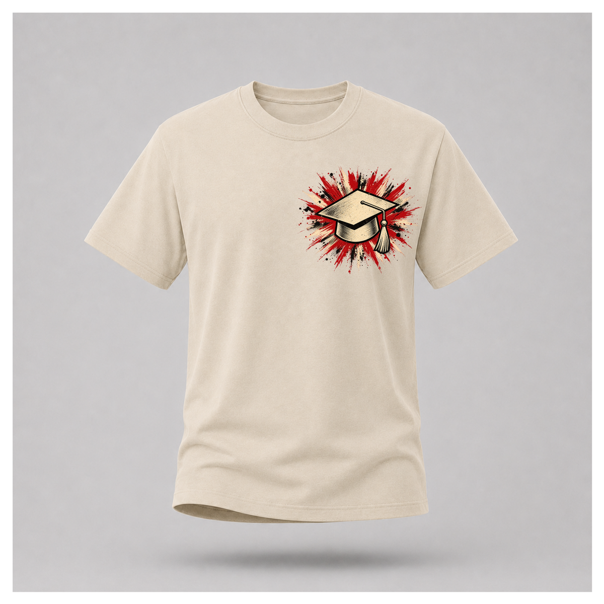 Sand male floating-form T-shirt featuring the Teacher — Calm in the Chaos front graphic of a graduation cap against a distressed red, cream and black burst.