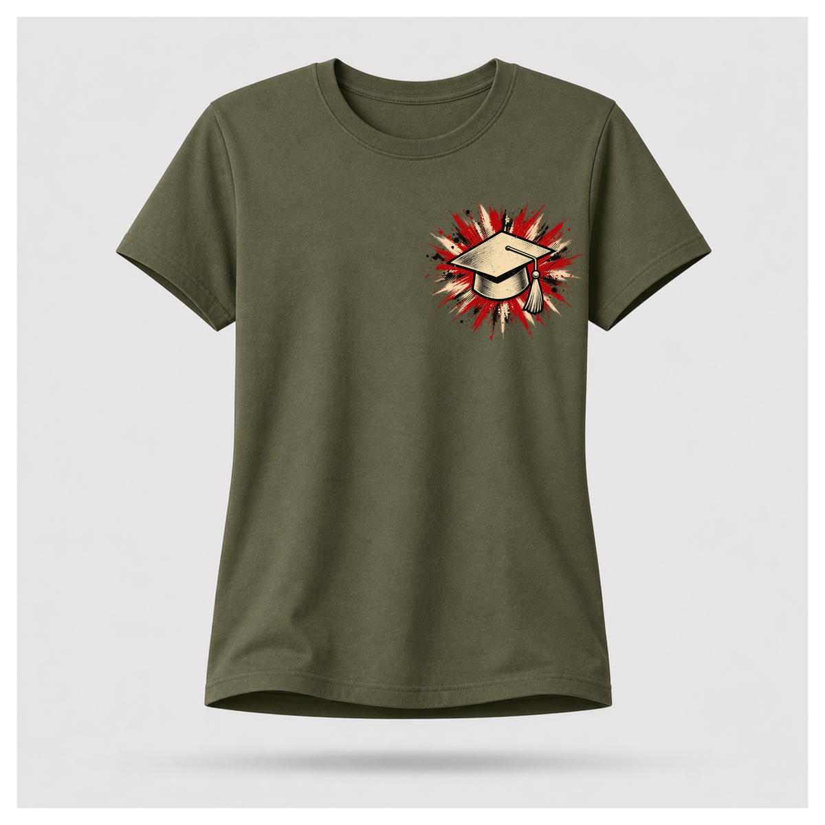 Military green female floating-form T-shirt featuring the Teacher — Calm in the Chaos front graphic of a graduation cap against a distressed red, cream and black burst.