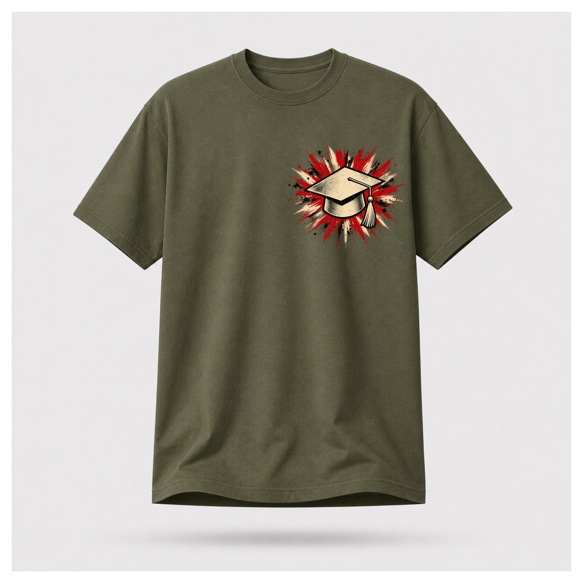 Military green male floating-form T-shirt featuring the Teacher — Calm in the Chaos front graphic of a graduation cap against a distressed red, cream and black burst.