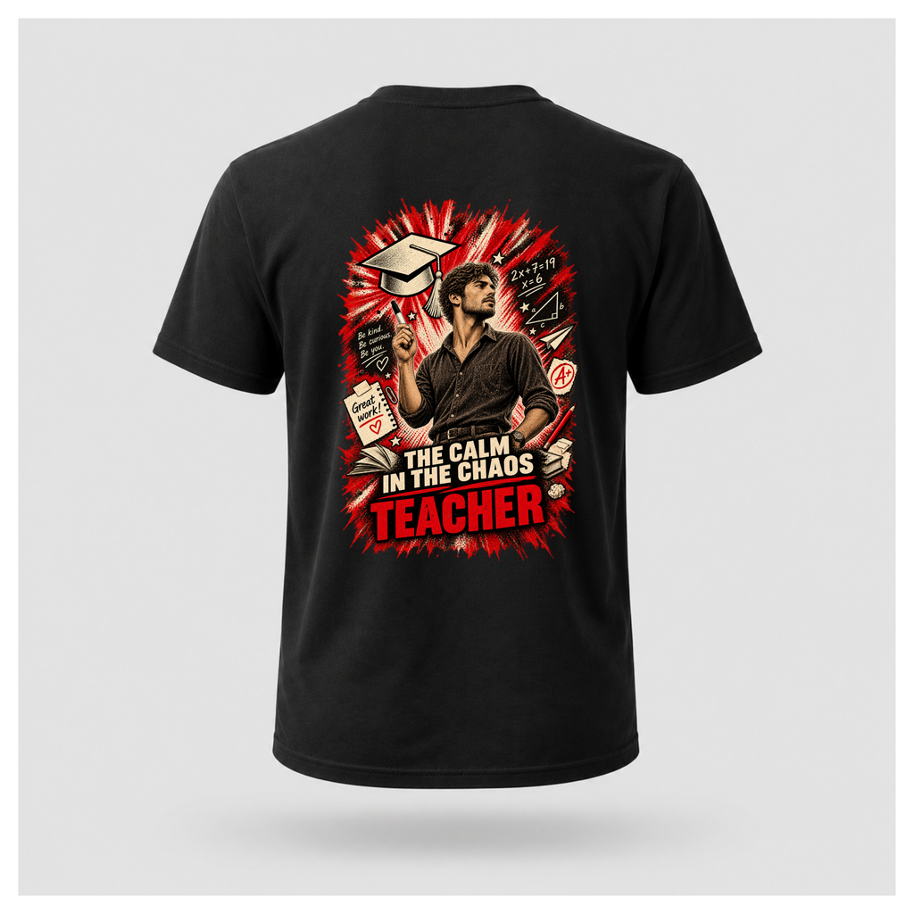 Black male floating-form T-shirt featuring the large Teacher — Calm in the Chaos back graphic with a male teacher surrounded by illustrated classroom and education symbols.