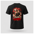 Black male floating-form T-shirt featuring the large Teacher — Calm in the Chaos back graphic with a male teacher surrounded by illustrated classroom and education symbols.