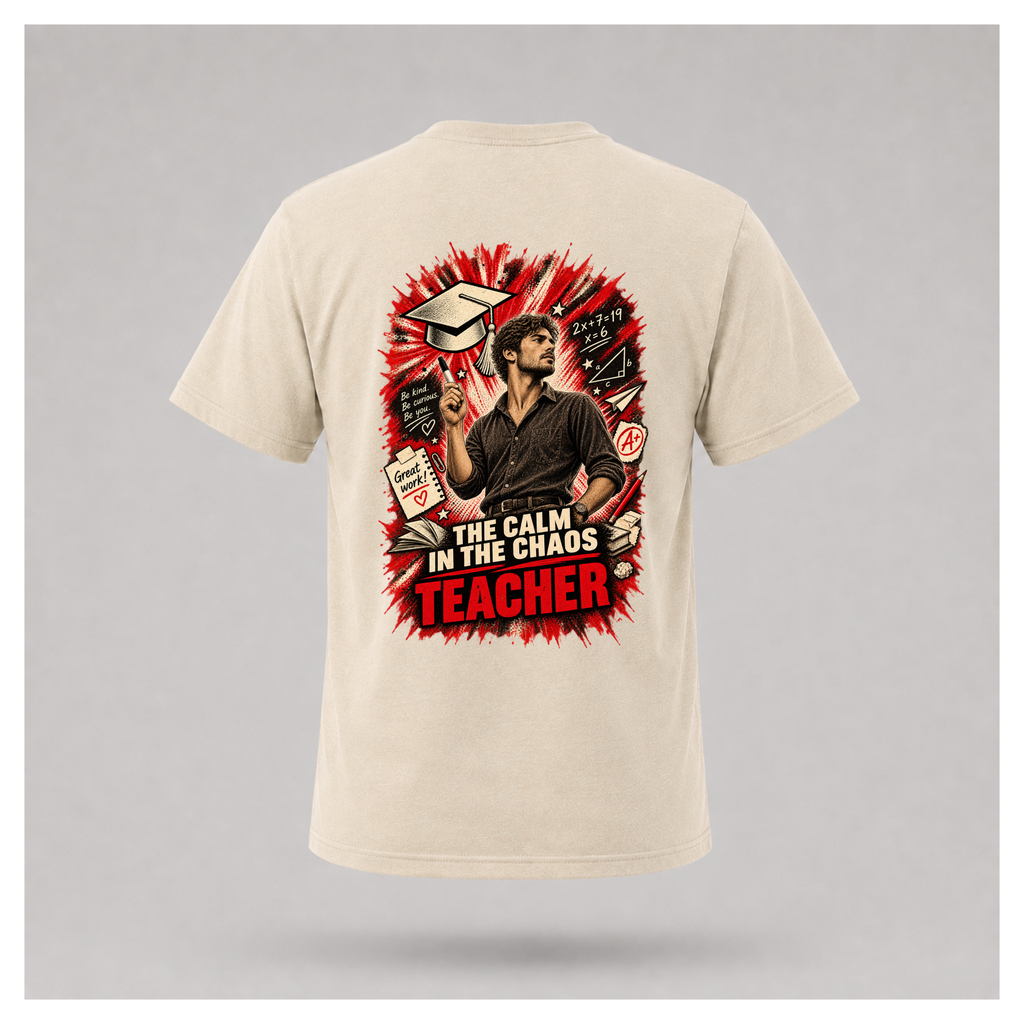 Sand male floating-form T-shirt featuring the large Teacher — Calm in the Chaos back graphic with a male teacher surrounded by illustrated classroom and education symbols.