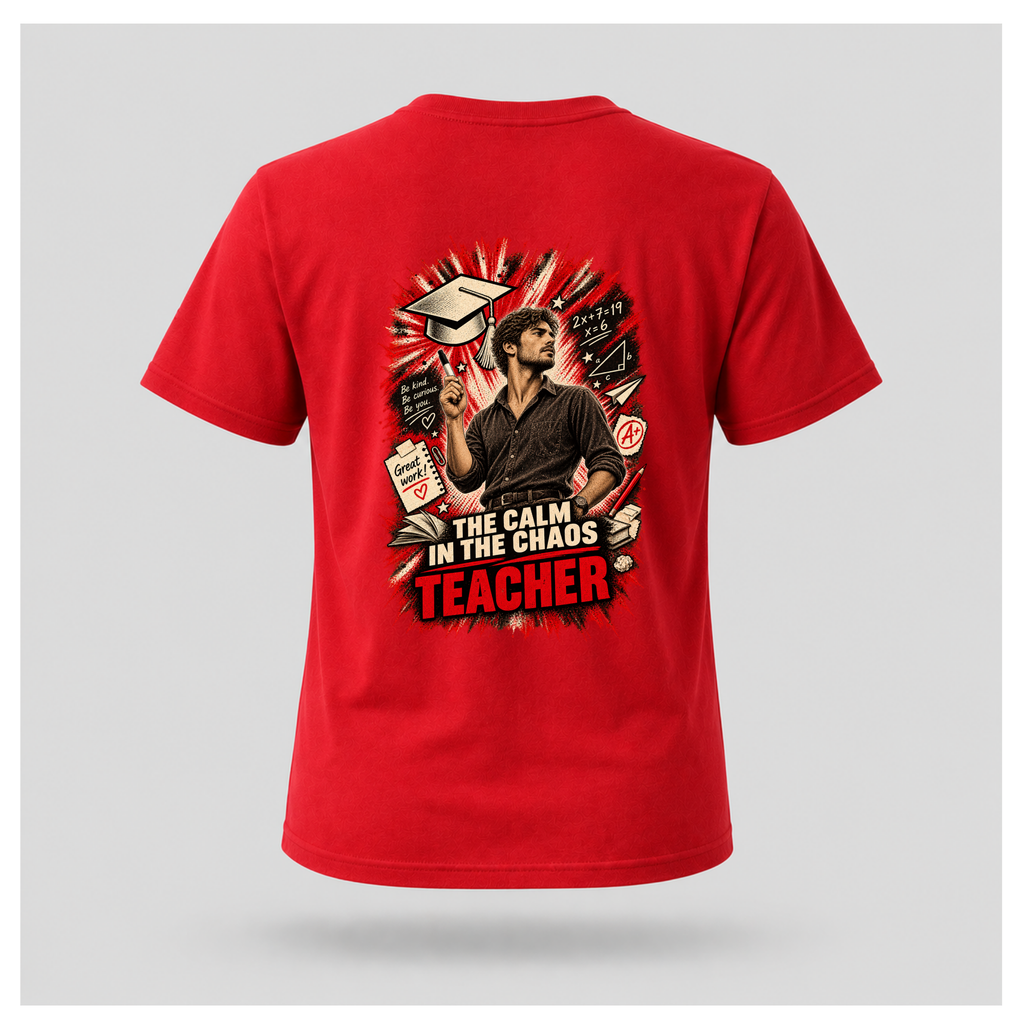 Red male floating-form T-shirt featuring the large Teacher — Calm in the Chaos back graphic with a male teacher surrounded by illustrated classroom and education symbols.