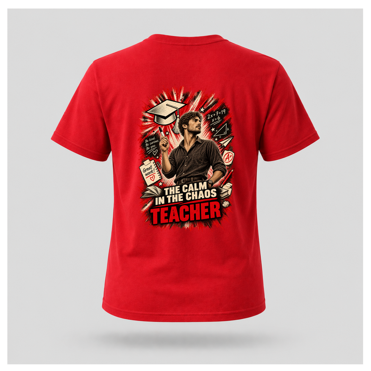 Red male floating-form T-shirt featuring the large Teacher — Calm in the Chaos back graphic with a male teacher surrounded by illustrated classroom and education symbols.