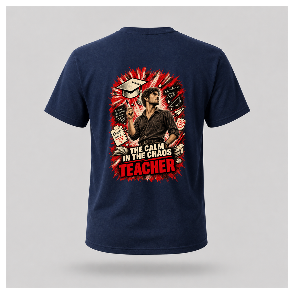 Navy blue male floating-form T-shirt featuring the large Teacher — Calm in the Chaos back graphic with a male teacher surrounded by illustrated classroom and education symbols.