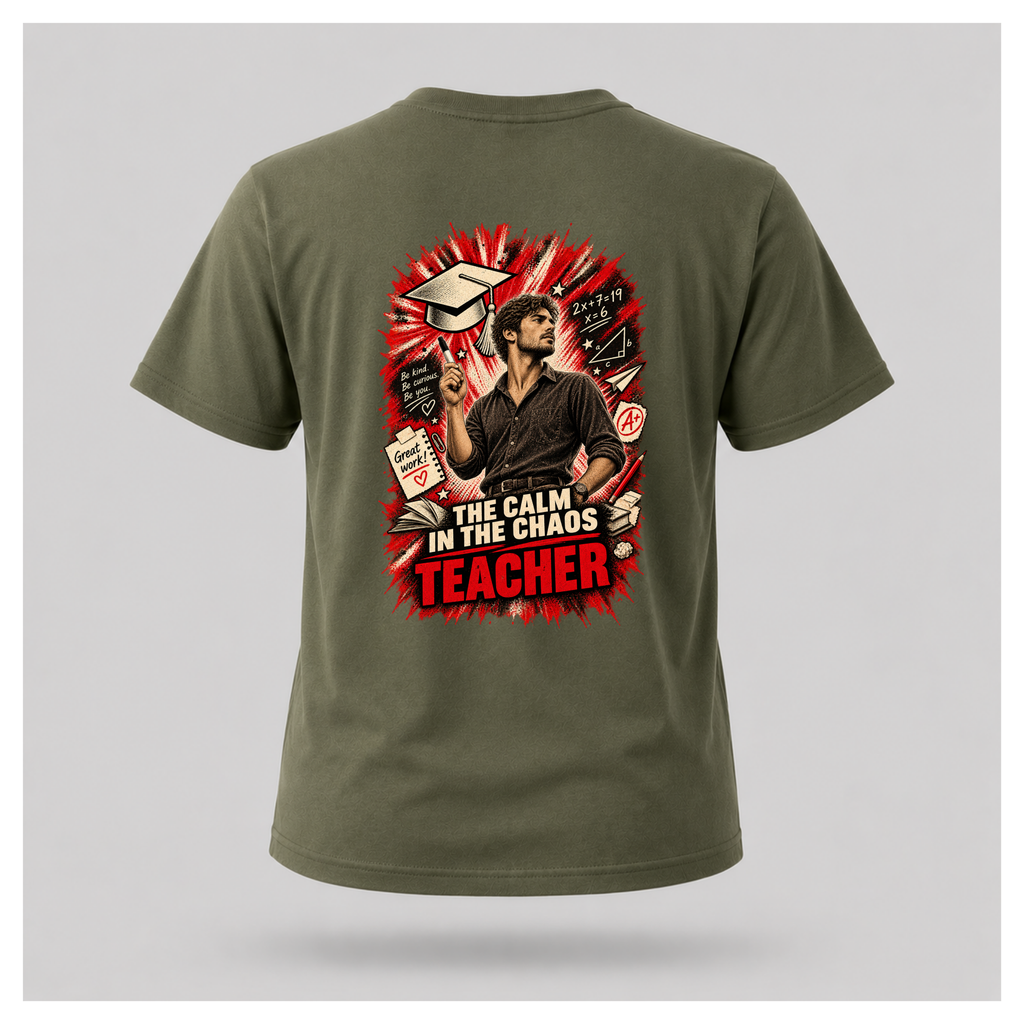 Military green male floating-form T-shirt featuring the large Teacher — Calm in the Chaos back graphic with a male teacher surrounded by illustrated classroom and education symbols.