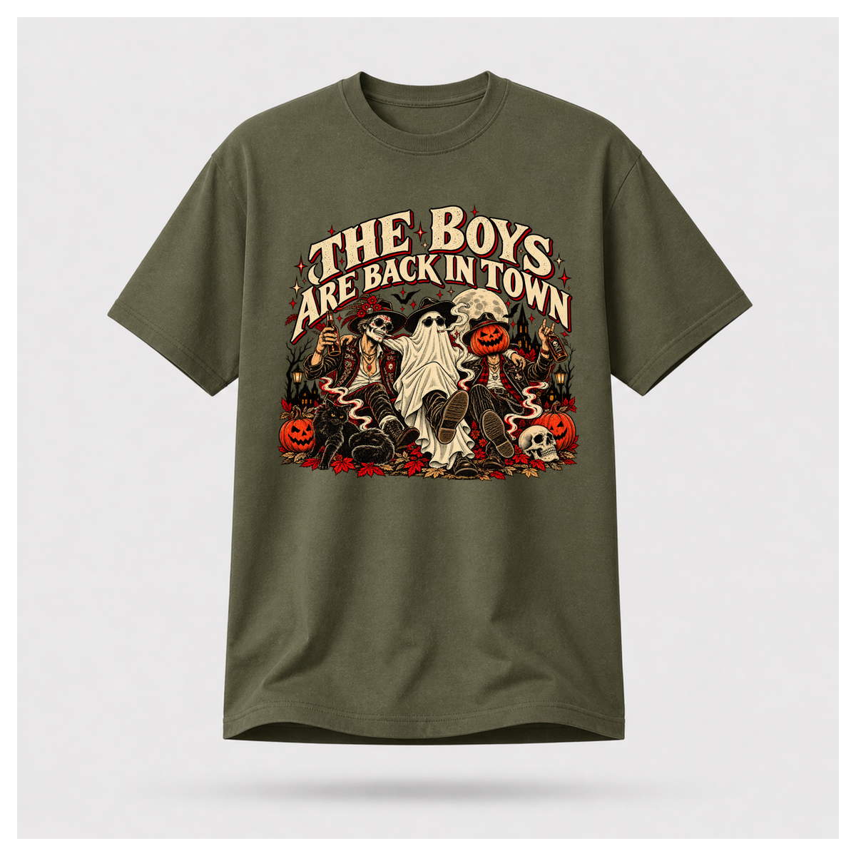 The Boys Are Back in Town Halloween Tee in military green on a floating male T-shirt form, featuring a skeleton, ghost and pumpkin-headed character in vintage Halloween artwork.