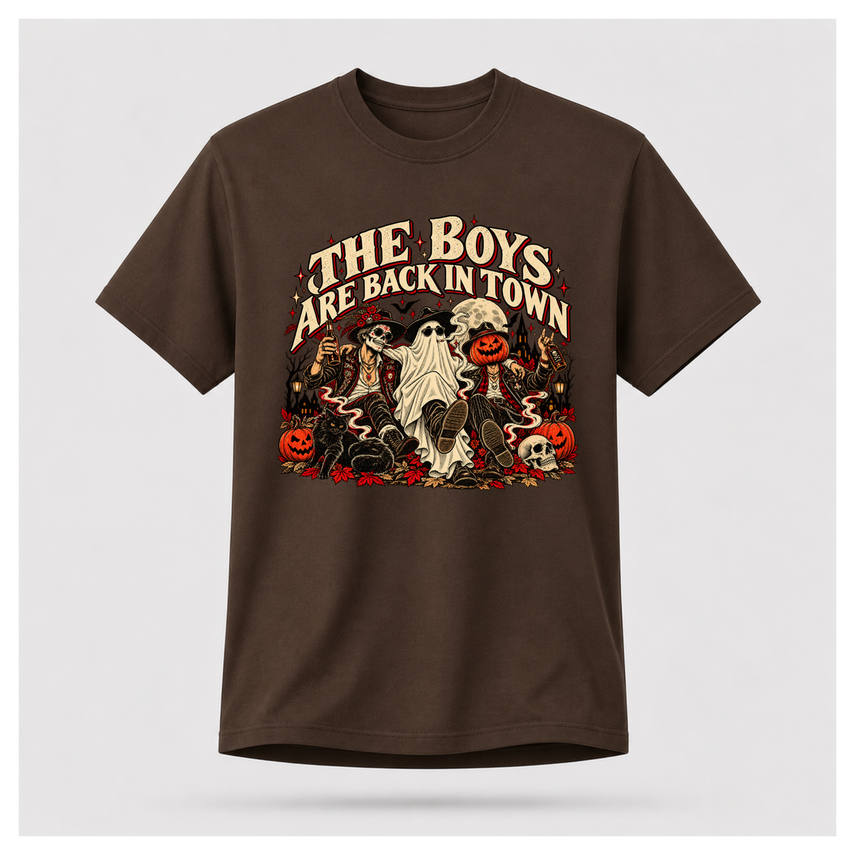 The Boys Are Back in Town Halloween Tee in dark chocolate on a floating male T-shirt form, featuring a skeleton, ghost and pumpkin-headed character in vintage Halloween artwork.