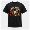 The Boys Are Back in Town Halloween Tee in black on a floating male T-shirt form, featuring a skeleton, ghost and pumpkin-headed character in vintage Halloween artwork.