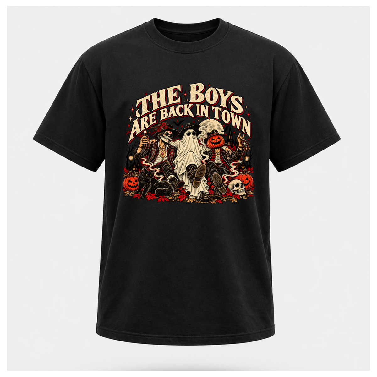 The Boys Are Back in Town Halloween Tee in black on a floating male T-shirt form, featuring a skeleton, ghost and pumpkin-headed character in vintage Halloween artwork.