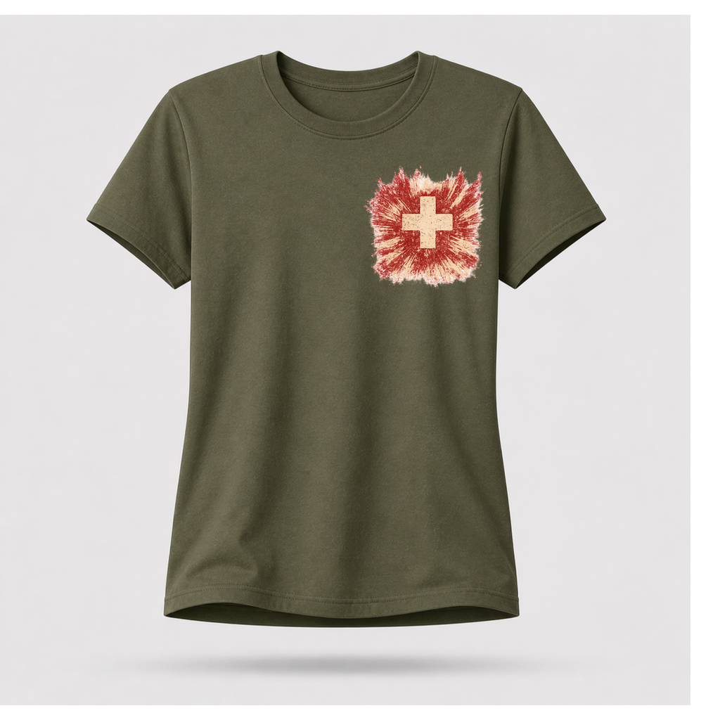 Front of a floating military green female-form tee featuring the distressed medical cross design by RIOTTEES.
