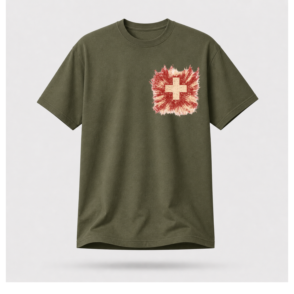 Front of a floating military green male-form tee featuring the distressed medical cross design by RIOTTEES.