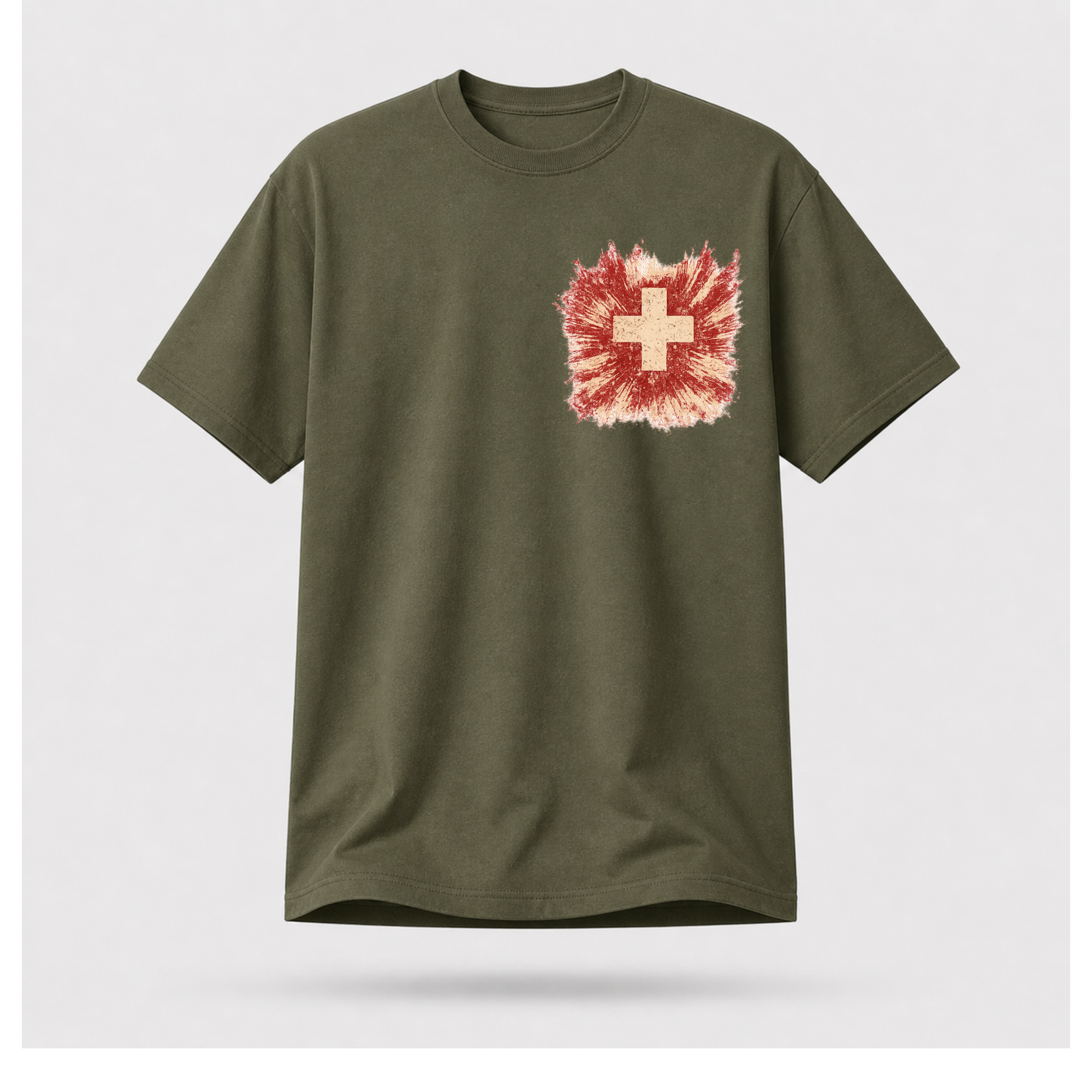 Front of a floating military green male-form tee featuring the distressed medical cross design by RIOTTEES.