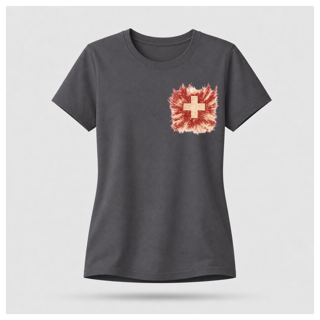 Front of a floating charcoal grey female-form tee featuring the distressed medical cross design by RIOTTEES.