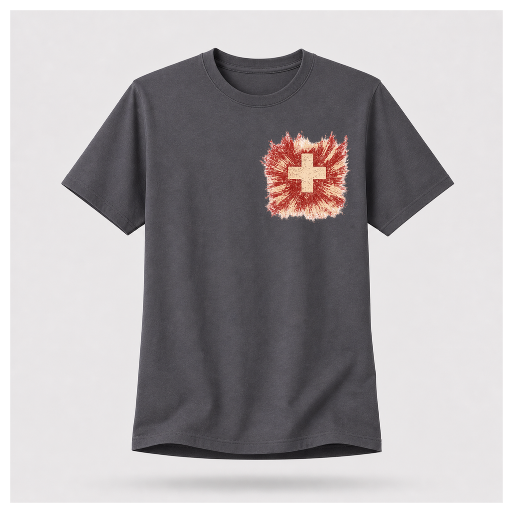 Front of a floating charcoal grey male-form tee featuring the distressed medical cross design by RIOTTEES.