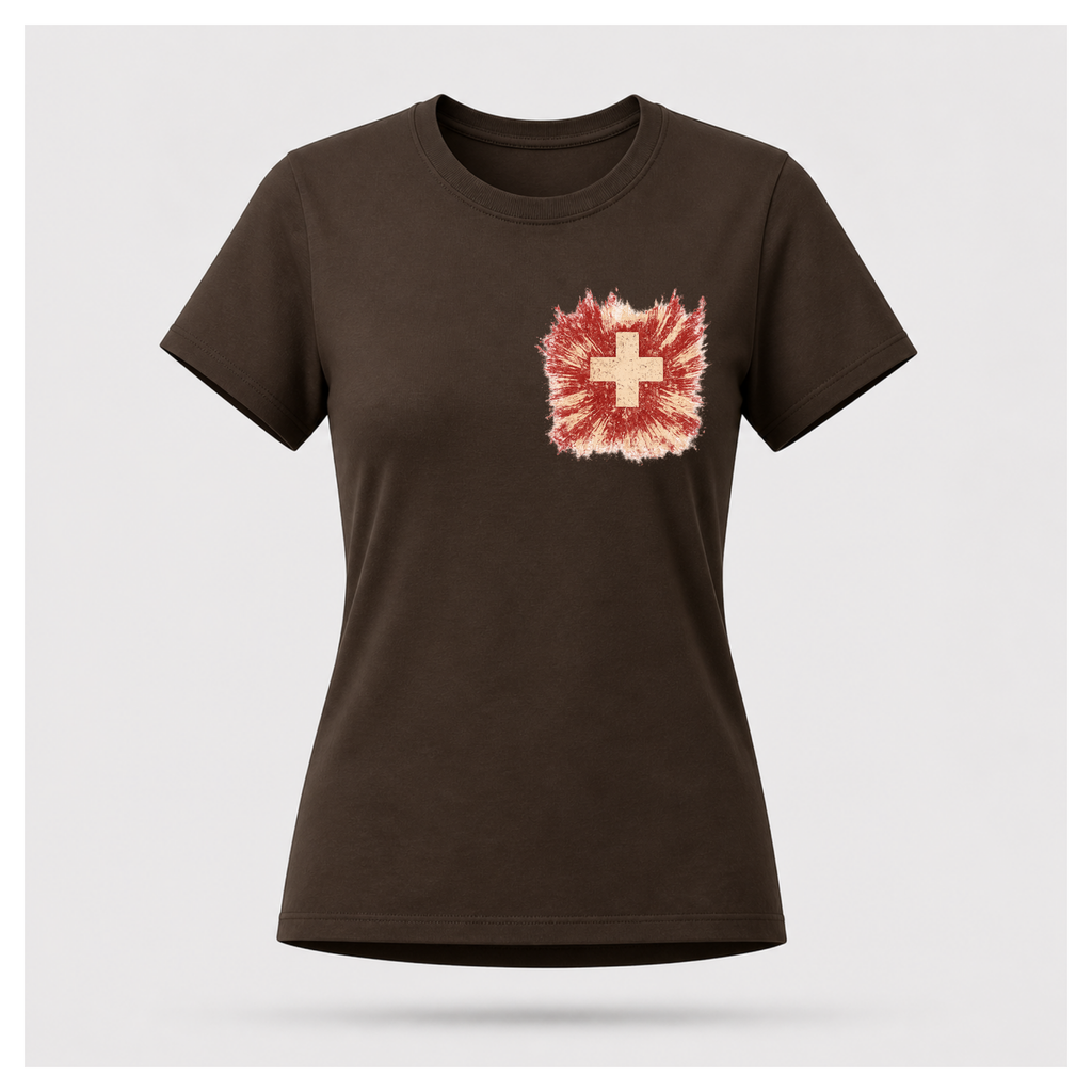 Front of a floating chocolate brown female-form tee featuring the distressed medical cross design by RIOTTEES.