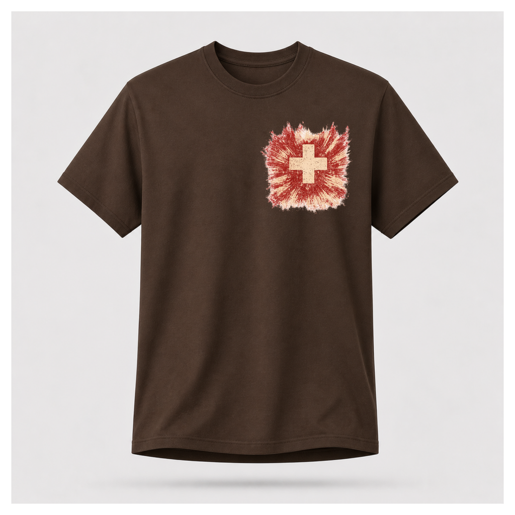 Front of a floating chocolate brown male-form tee featuring the distressed medical cross design by RIOTTEES.