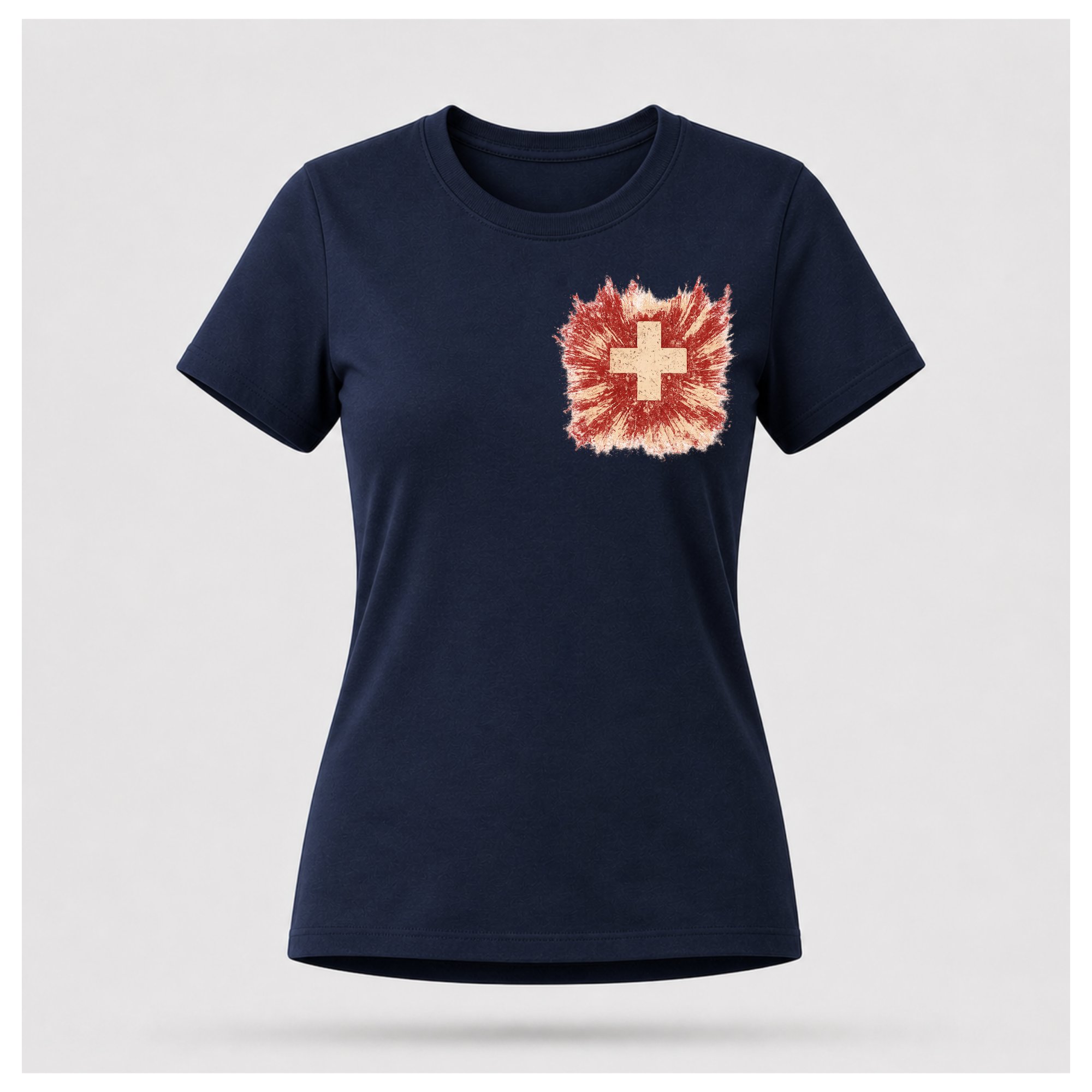 Front of a floating navy blue female-form tee featuring the distressed medical cross design by RIOTTEES.