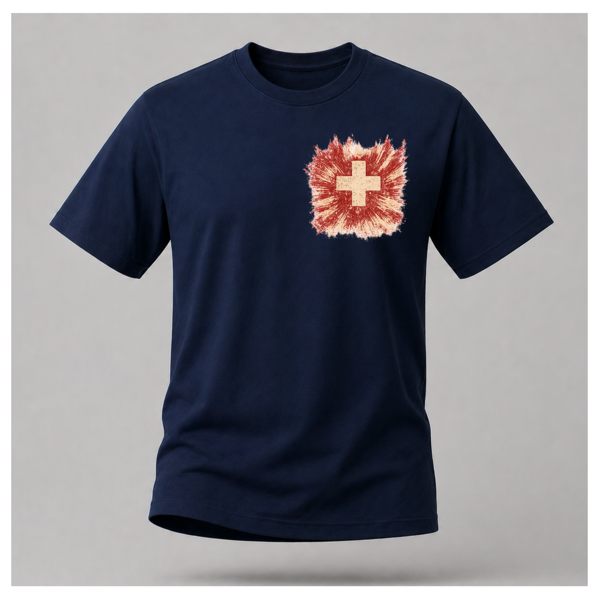 Front of a floating navy blue male-form tee featuring the distressed medical cross design by RIOTTEES.