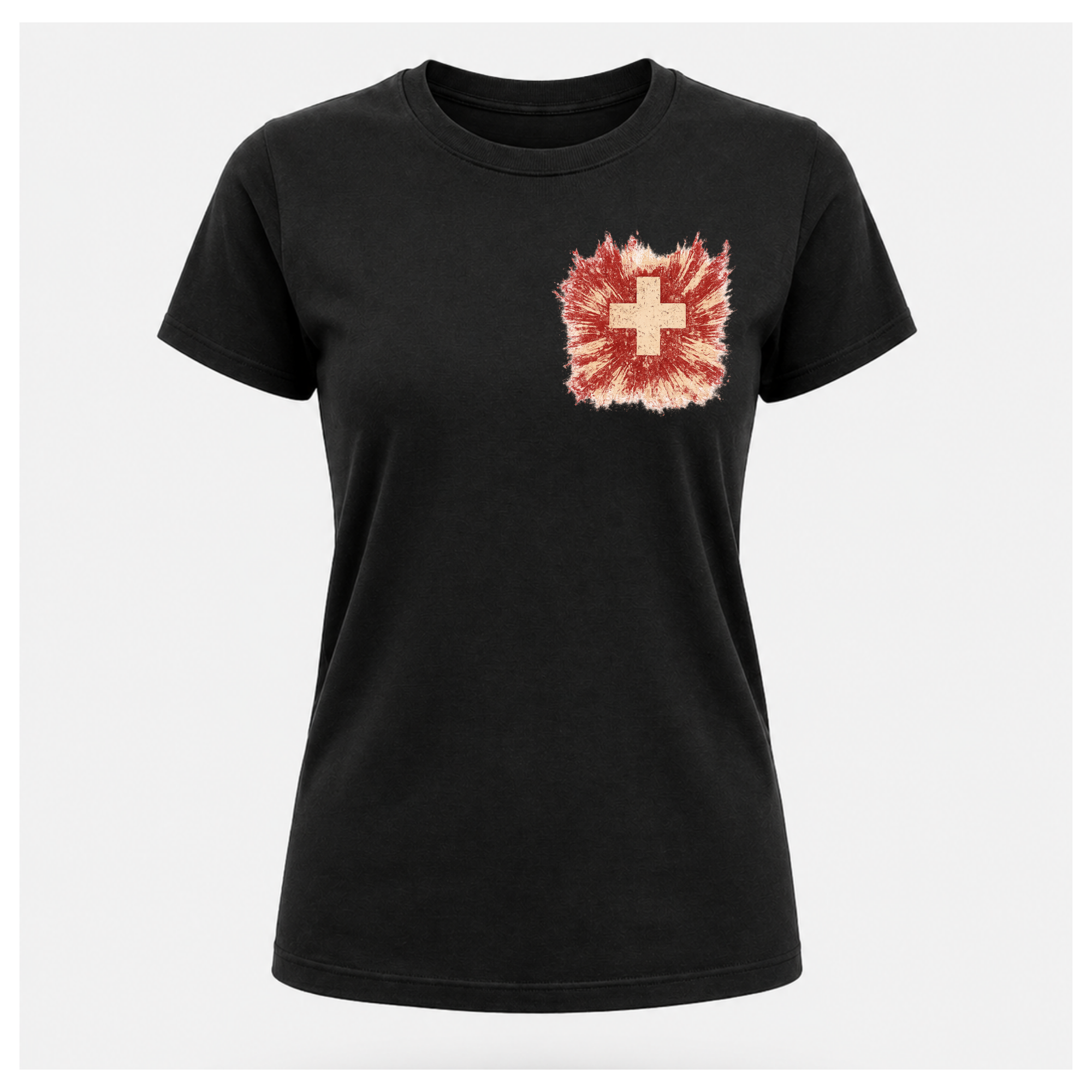 Front of a floating black female-form tee featuring the distressed medical cross design by RIOTTEES.