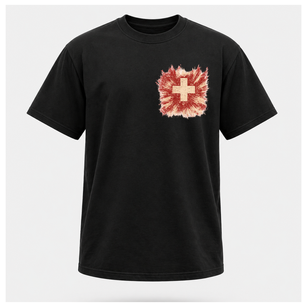 Front of a floating black male-form tee featuring the distressed medical cross design by RIOTTEES.