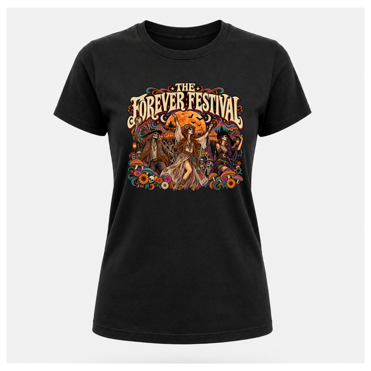 Forever Festival Full Moon Tee in black on a floating female T-shirt form, featuring psychedelic festival dancers, skeletons, flowers and an orange full moon.
