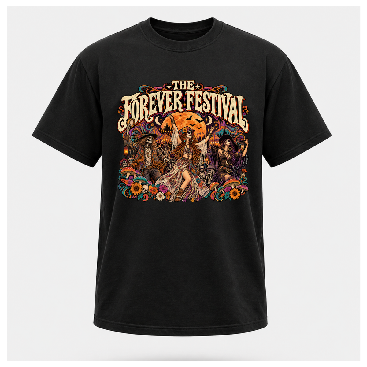 Forever Festival Full Moon Tee in black on a floating male T-shirt form, featuring psychedelic festival dancers, skeletons, flowers and an orange full moon.