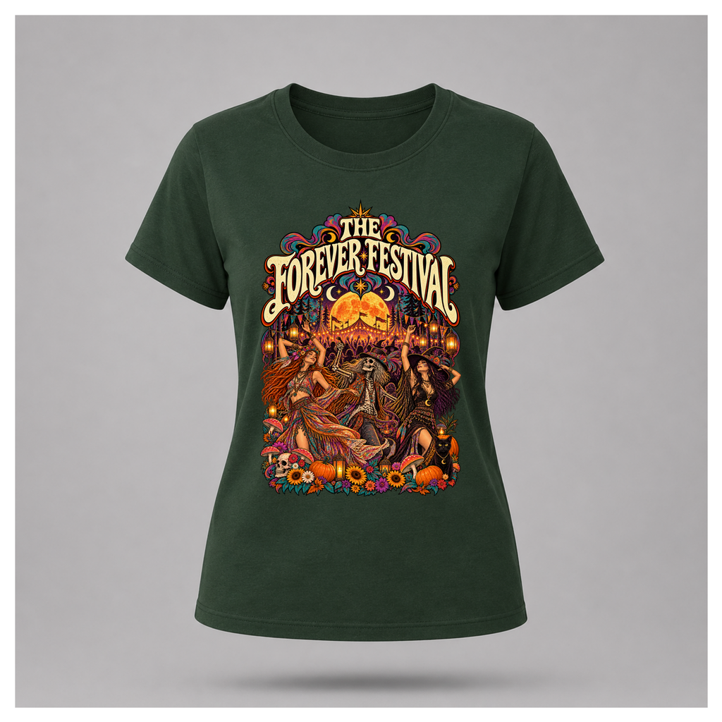 Women's forest green Forever Festival Arena Tee floating mockup featuring retro 1970s psychedelic festival art, orange moon, bohemian dancers, skeleton and wildflowers.