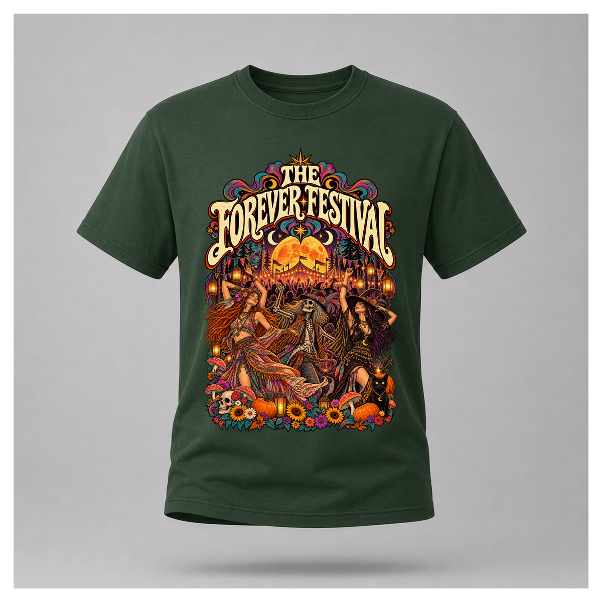 Men's forest green Forever Festival Arena Tee floating mockup with colourful psychedelic festival illustration, dancing bohemians, skeleton reveller and glowing moon.
