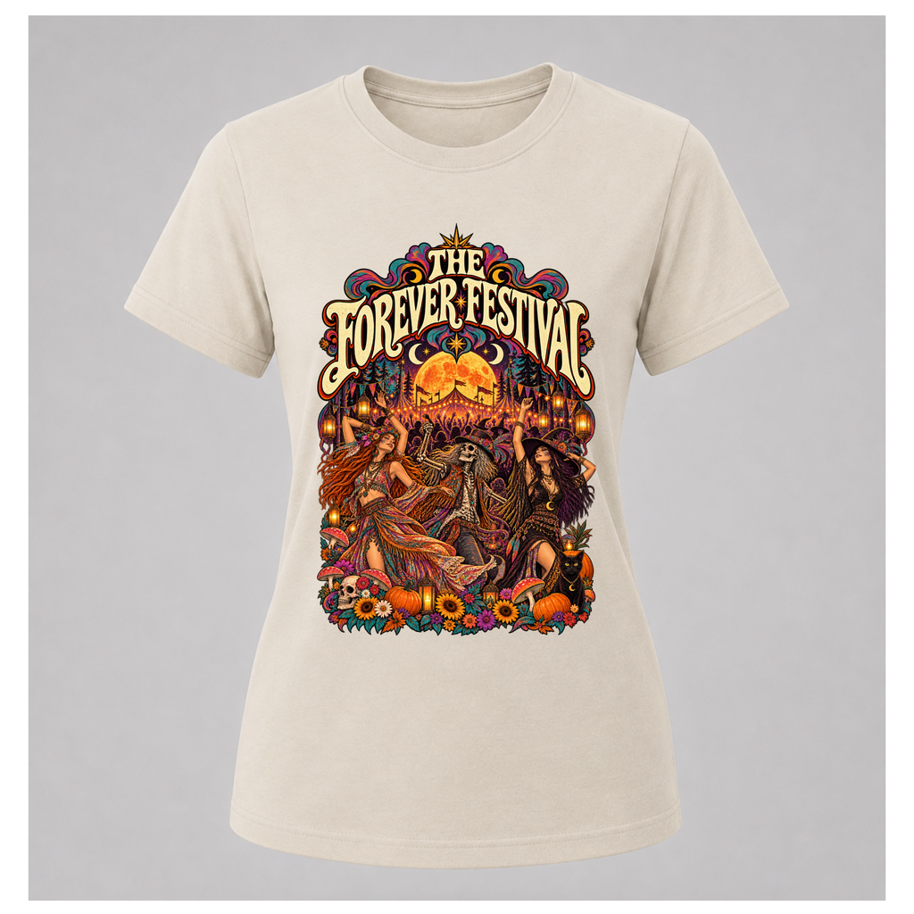 Women's sand Forever Festival Arena Tee floating mockup featuring colourful 1970s psychedelic festival scene, dancing bohemians, skeleton reveller, lanterns and moon.