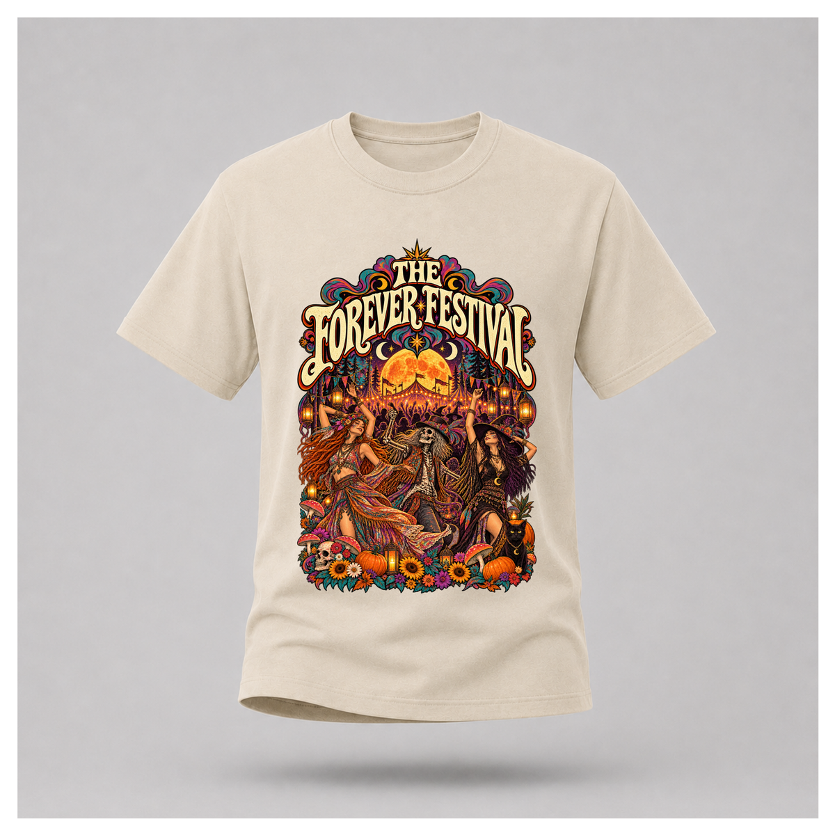 Men's sand Forever Festival Arena Tee floating mockup showcasing vibrant psychedelic festival artwork, orange full moon, skeleton reveller, bohemian dancers and flowers.