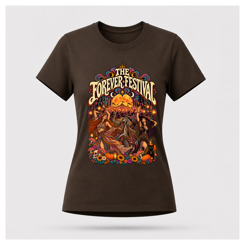 Women's dark chocolate Forever Festival Arena Tee floating mockup featuring vibrant 1970s festival art, dancing bohemians, skeleton reveller, flowers and full moon.