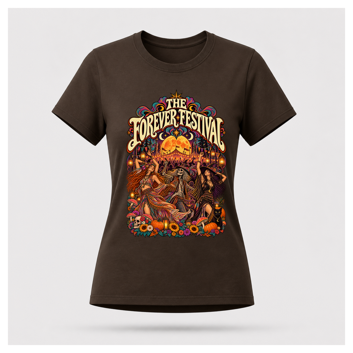 Women's dark chocolate Forever Festival Arena Tee floating mockup featuring vibrant 1970s festival art, dancing bohemians, skeleton reveller, flowers and full moon.