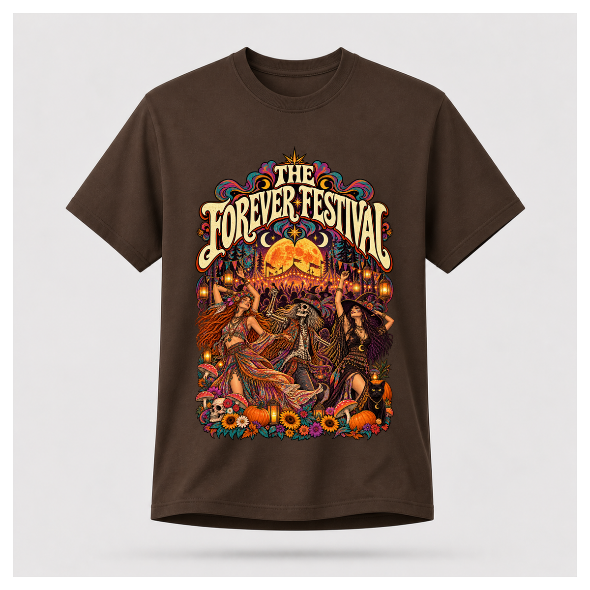 Men's dark chocolate Forever Festival Arena Tee floating mockup with retro psychedelic festival artwork, bohemian dancers, skeleton musician, lanterns and orange moon.