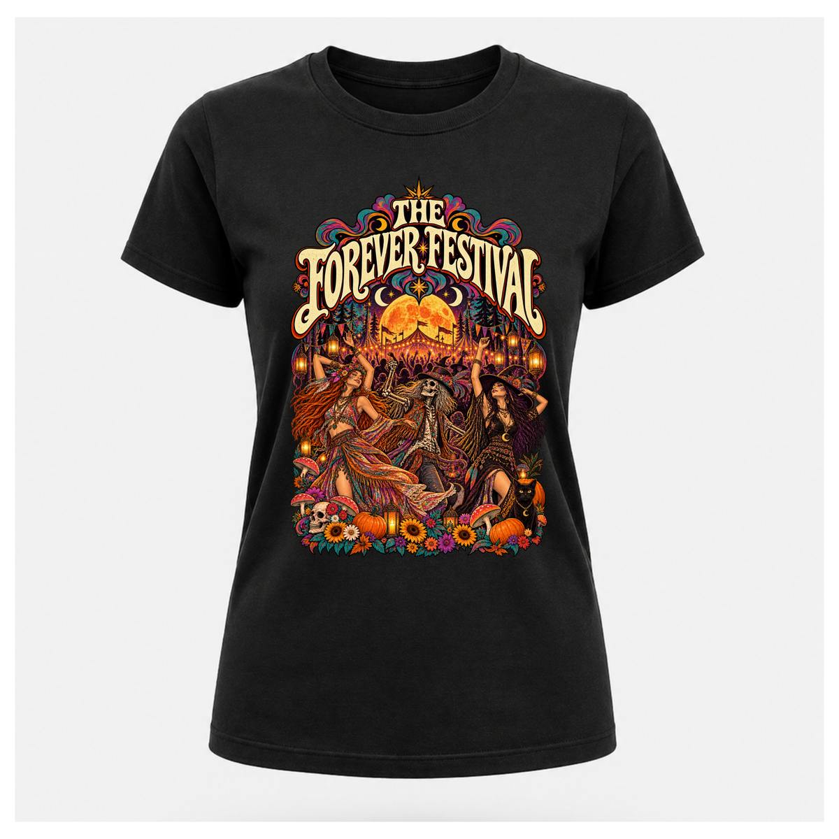 Women's black Forever Festival Arena Tee floating mockup featuring colourful vintage psychedelic artwork, dancing festivalgoers, skeleton reveller and orange full moon.