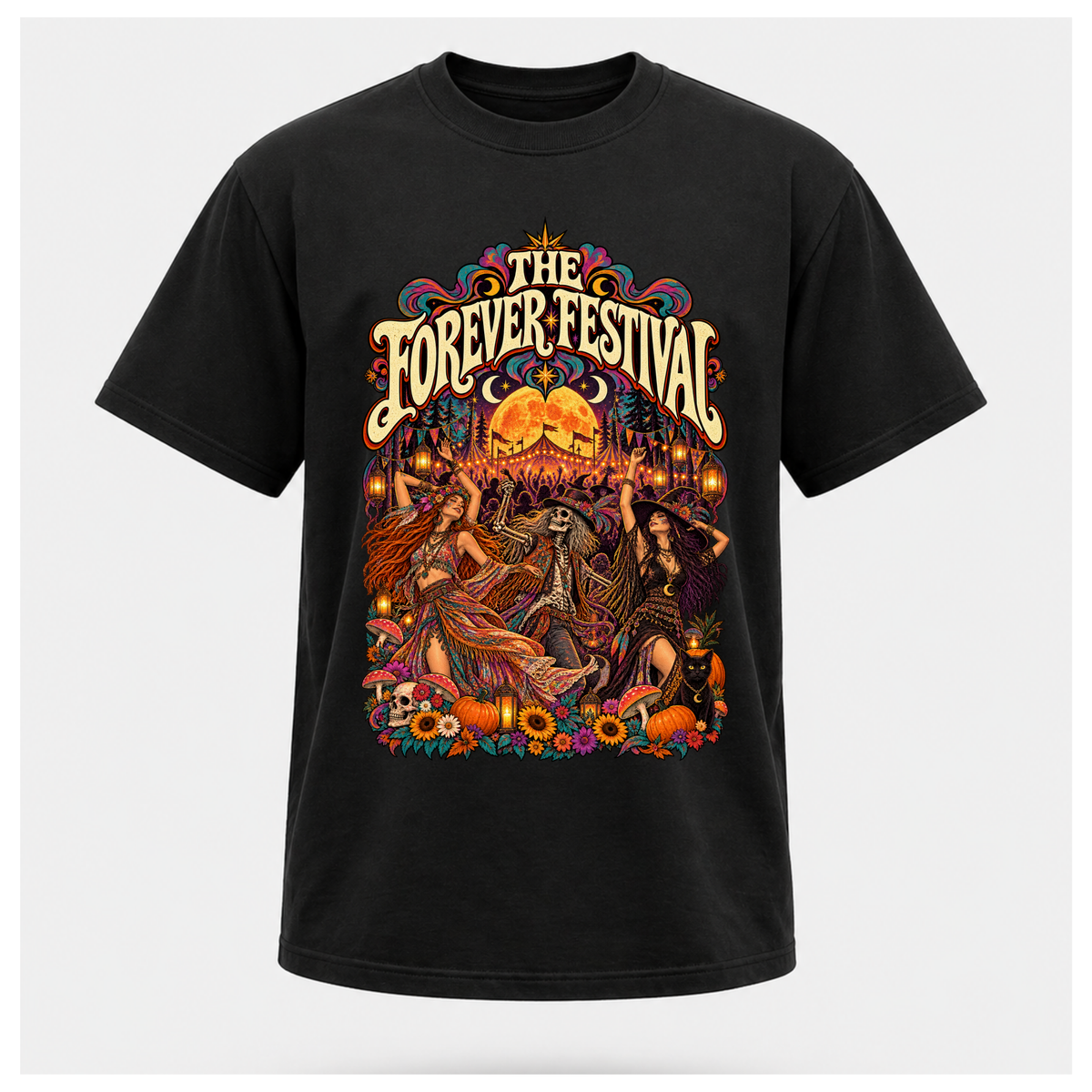 Men's black Forever Festival Arena Tee floating mockup featuring psychedelic 1970s festival artwork, dancing bohemians, skeleton reveller and glowing orange moon.