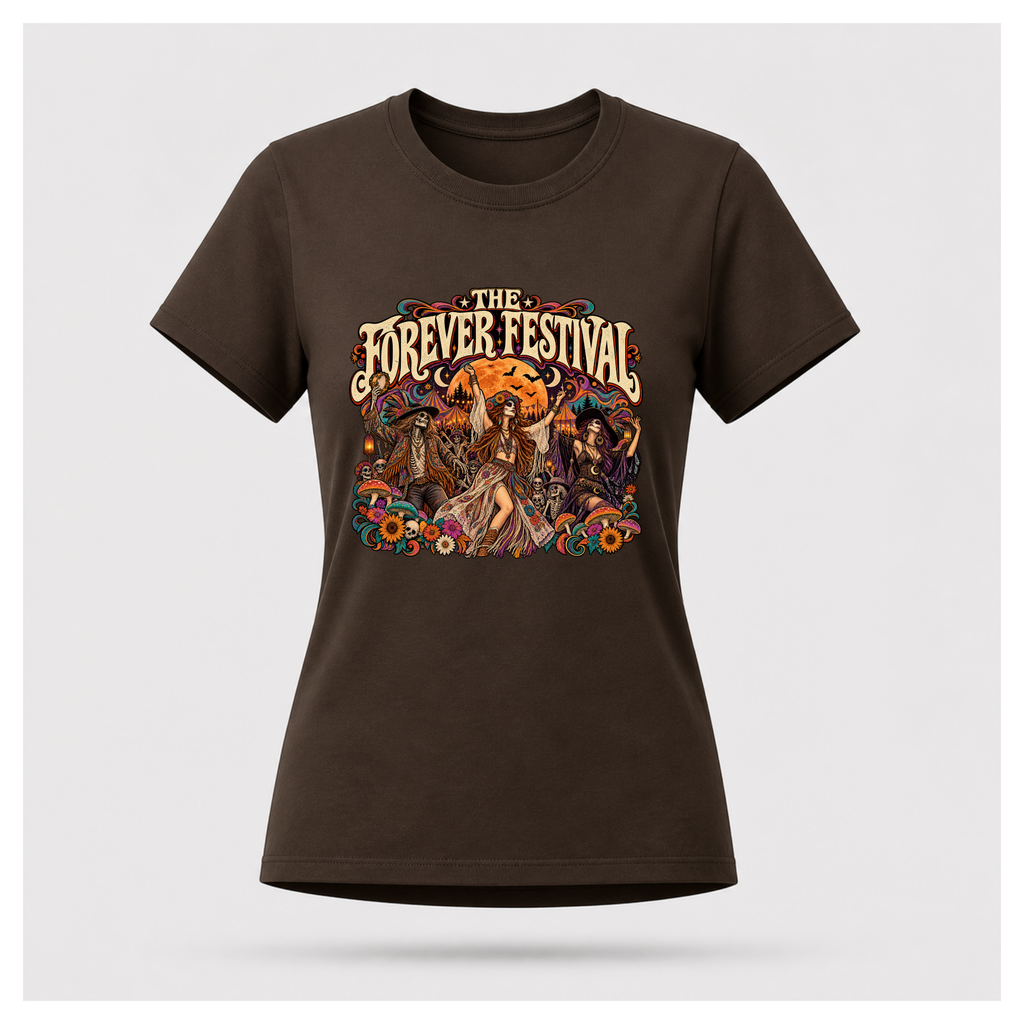 Forever Festival Full Moon Tee in dark chocolate on a floating female T-shirt form, featuring psychedelic festival dancers, skeletons, flowers and an orange full moon.