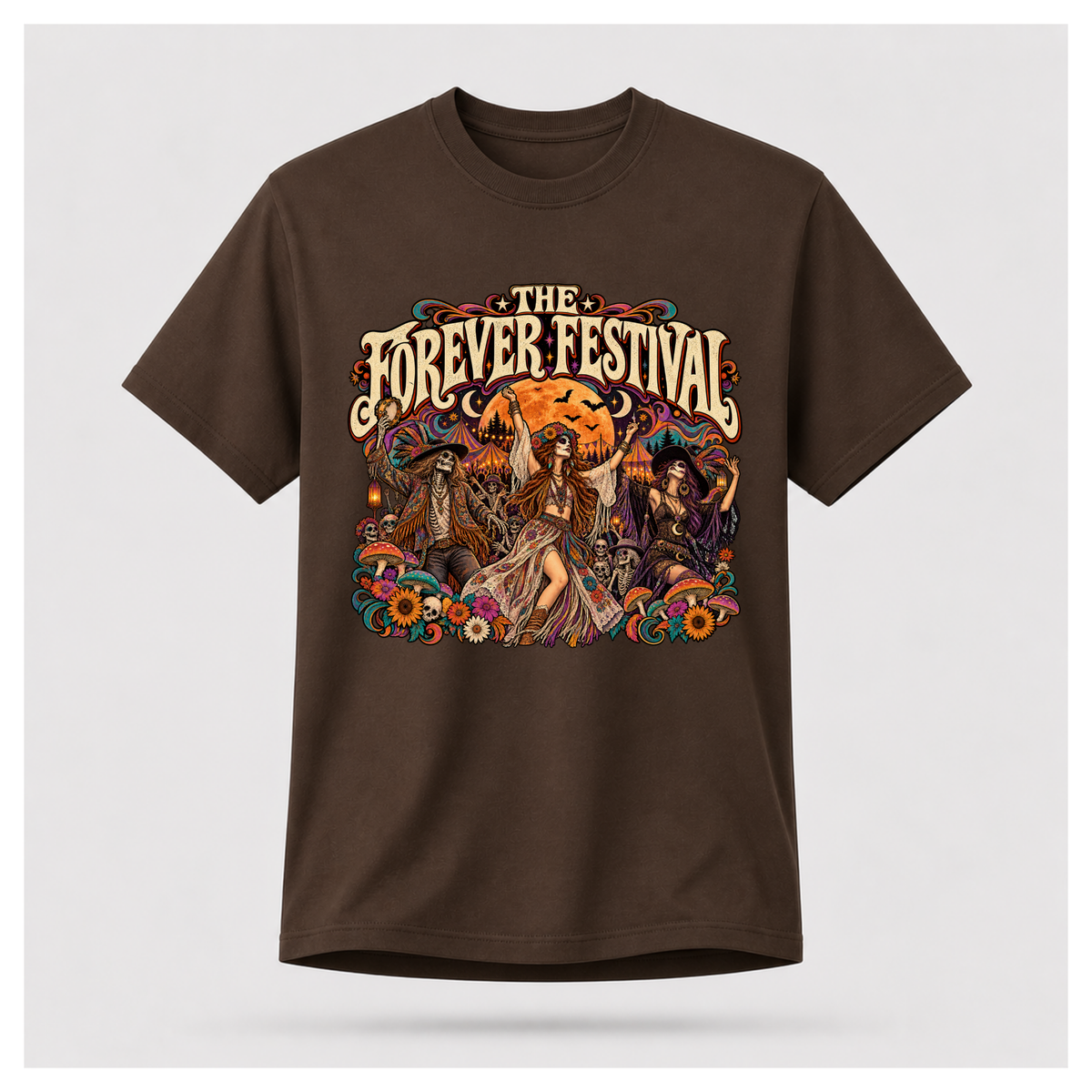 Forever Festival Full Moon Tee in dark chocolate on a floating male T-shirt form, featuring psychedelic festival dancers, skeletons, flowers and an orange full moon.