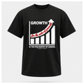 Male form floating black T-shirt with a rising bar graph and the Jasper Fforde quote, “Growth for the sake of growth is the philosophy of cancer.”