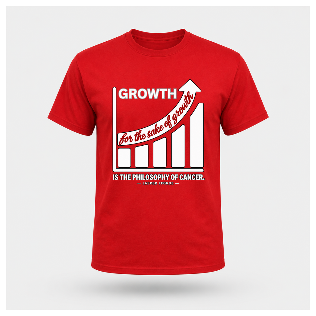 Male form floating red T-shirt with a rising bar graph and the Jasper Fforde quote, “Growth for the sake of growth is the philosophy of cancer.”