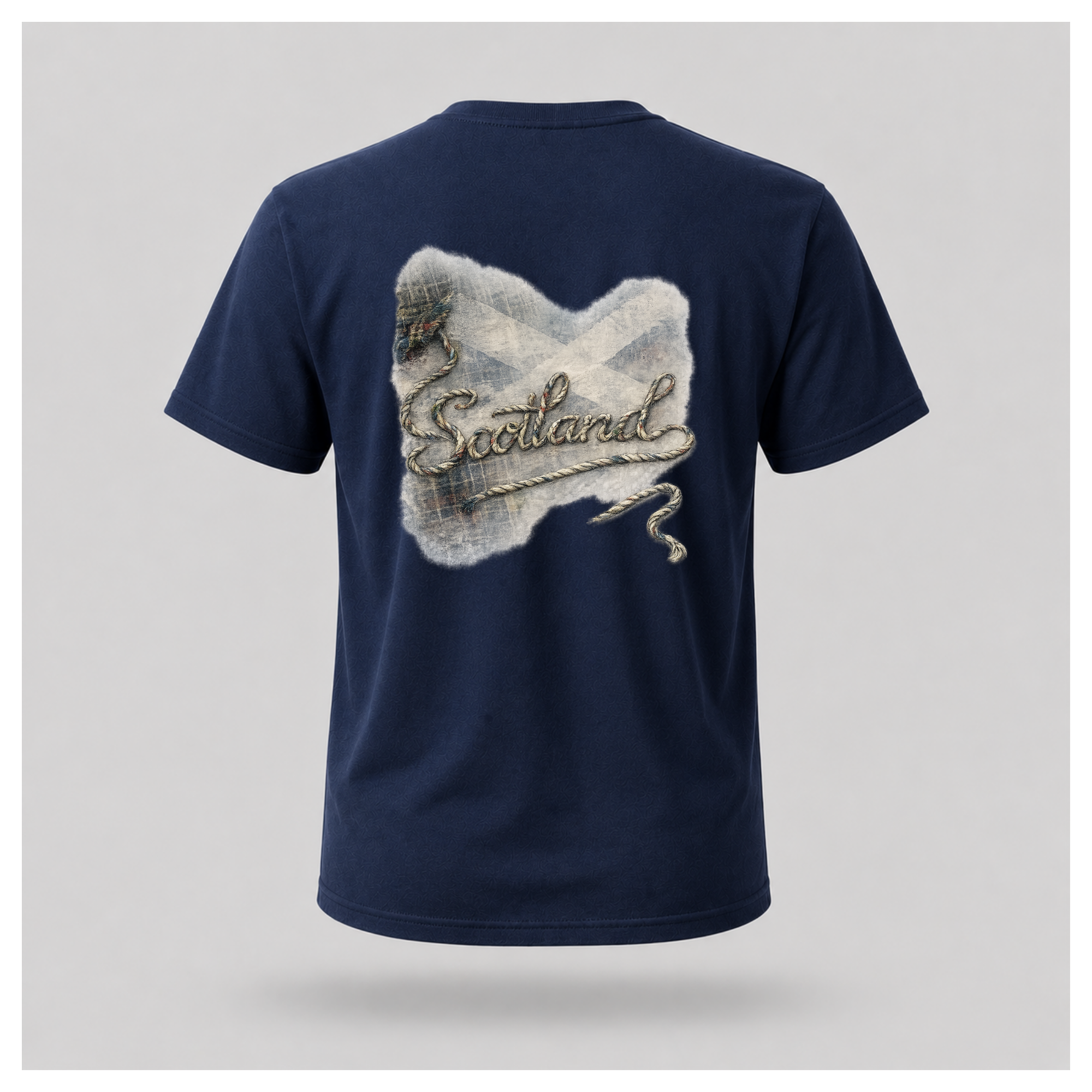 Male Back
Navy blue Scottish Yarn t-shirt floating above a tranquil Scottish loch, showcasing the back design inspired by Scotland's storytelling tradition by RIOTTEES