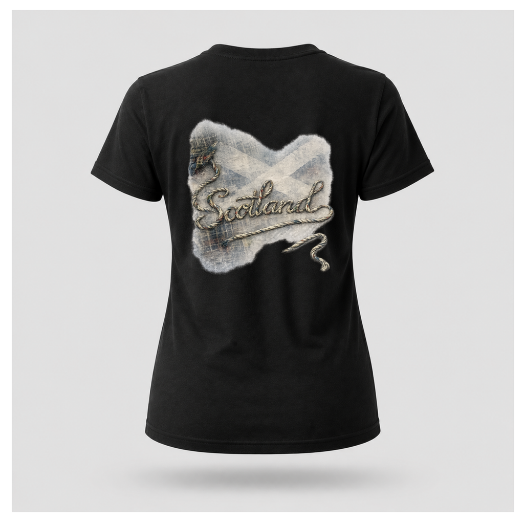 Female Back
Black Scottish Yarn t-shirt floating above a Scottish loch, displaying the women's back artwork celebrating Scotland and its stories by RIOTTEES